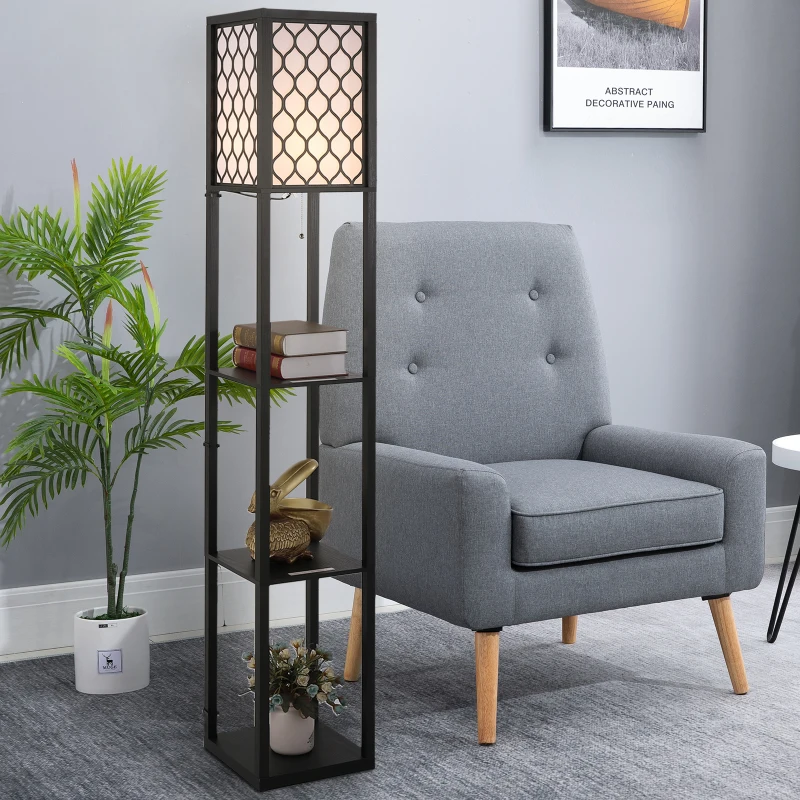 Homcom Lampa Pom 160 cm – Negru cu Rafturi pe 3 Niveluri