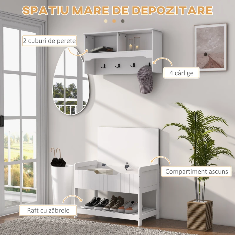 HOMCOM Mobila Cuier de Perete cu Banca Suport pentru Pantofi Dotata cu Cuburi de Perete, 4 Carlige si Raft Retractabil, 80x20x40 cm, Alb(m-4)