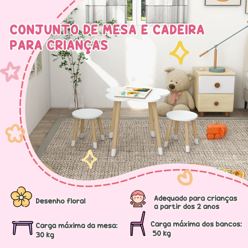 ZONEKIZ Conjunto de Mesa e 2 Cadeira para Crianças de 2-5 Anos Mesa com Forma de Flor Ø59x50 cm e Cadeiras Ø28x26 cm Branco