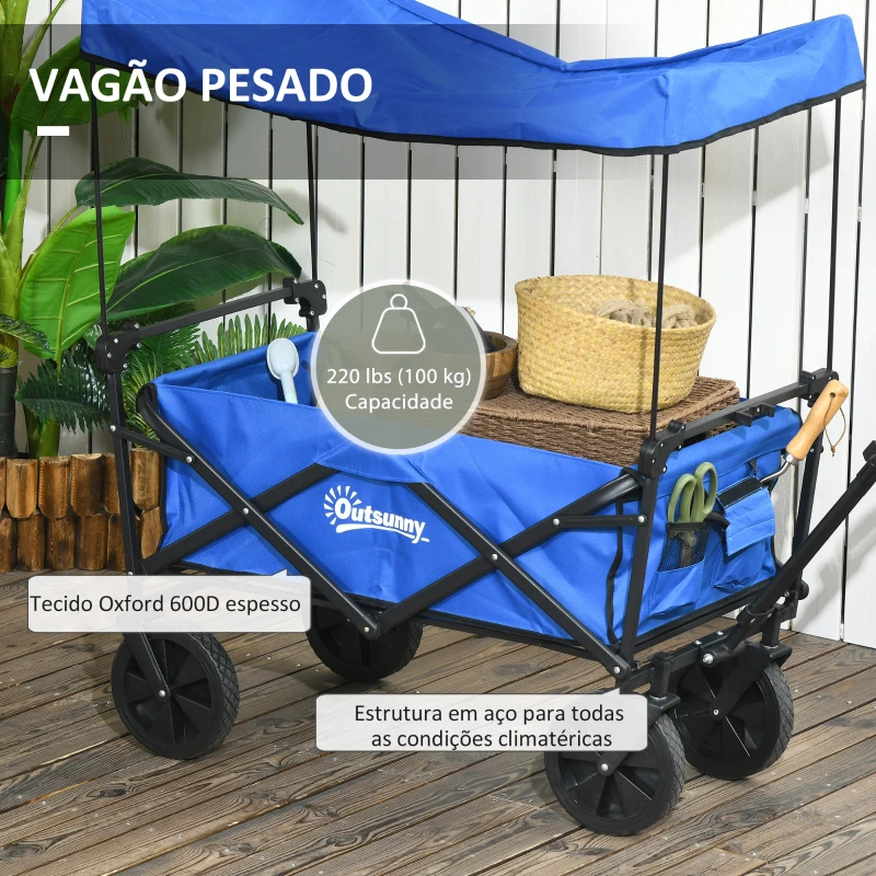 Outsunny Carrinho de Transporte Dobrável com Toldo Removível e Alça Ajustável Capacidade 100 kg para Campismo 97x52x105 cm Azul