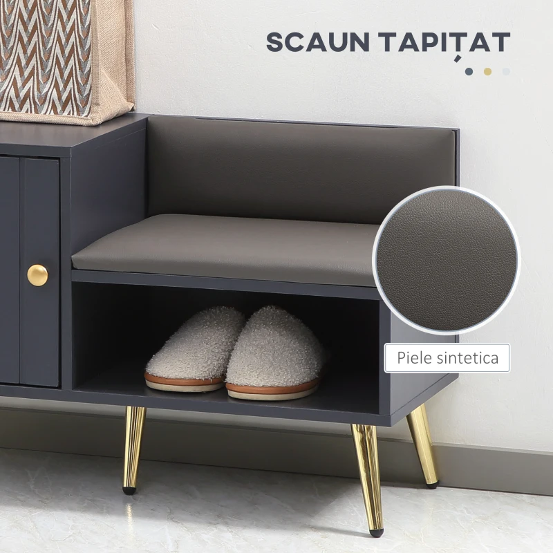 HOMCOM Dulap de pantofi de intrare cu scaun captusit, raft deschis si dulap, pentru 4 perechi de pantofi, lemn si metal, 80x33x49cm, gri