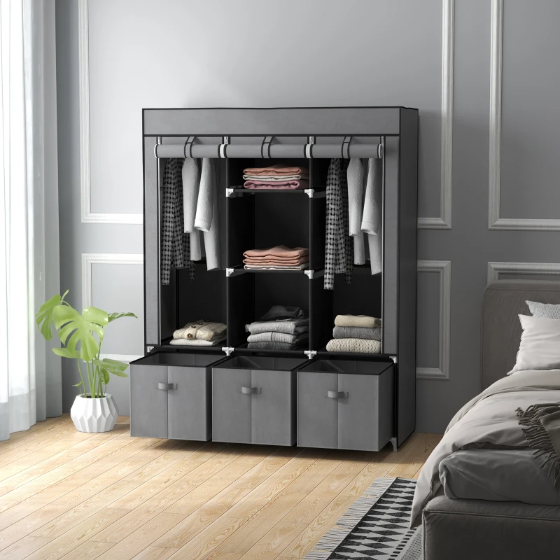 HOMCOM Șifonier din Pânză, Garderob Pliabil cu Rafturi și Sertare, Uși care se Rulează cu Fermoar, 125x43x162.5 cm, Gri
