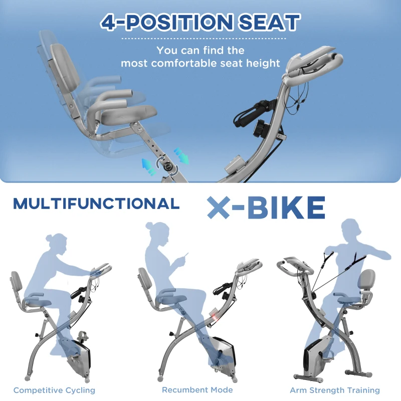 HOMCOM 2-in-1 Folding Exercise Bike with 8-Level Magnetic Resistance, Arm Resistance Band, Pulse Sensor, Grey(m-5)