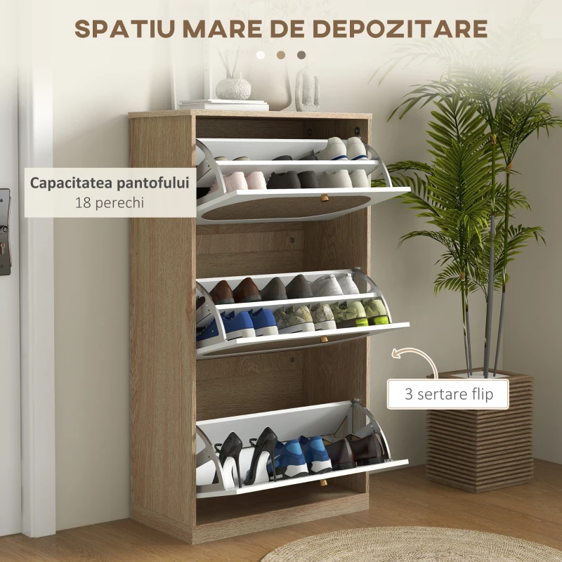 HOMCOM Pantofar Ingust pentru Intrare, Organizator de Pantofi pentru Hol Boho cu Sertare Rabatabile din Ratan si Rafturi Reglabile, pentru 18 Perechi de Pantofi, Stejar