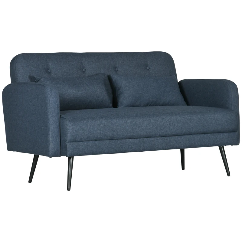 HOMCOM Canapea de 135cm pentru Dormitor, Mobilier Modern pentru Canapele cu Plus, Canapea Capitonata cu 2 Locuri cu Perne Decorative, Cadru din Lemn Masiv, Albastru Inchis