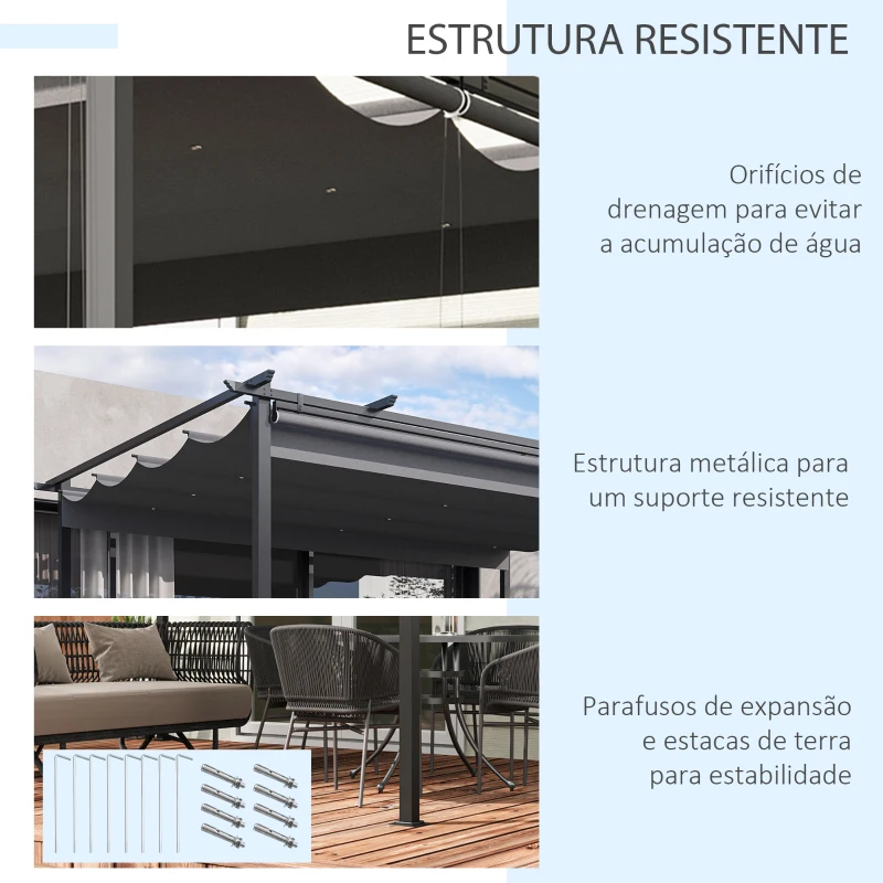 Outsunny Pérgola de Jardim com Teto Retrátil 4 Cortinas Enroláveis de Poliéster e Estrutura de Metal 3,95x2,95 cm Cinza Escuro