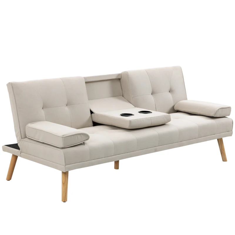HOMCOM Canapea extensibila extensibila cu 3 locuri in stil scandinav, cu 2 cotiere detasabile si tapiterie cu efect de lenjerie si masuta de cafea cu foite, bej(m-10)