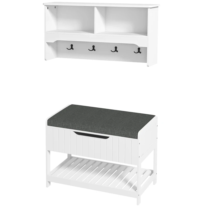 HOMCOM Mobila Cuier de Perete cu Banca Suport pentru Pantofi Dotata cu Cuburi de Perete, 4 Carlige si Raft Retractabil, 80x20x40 cm, Alb(m-10)