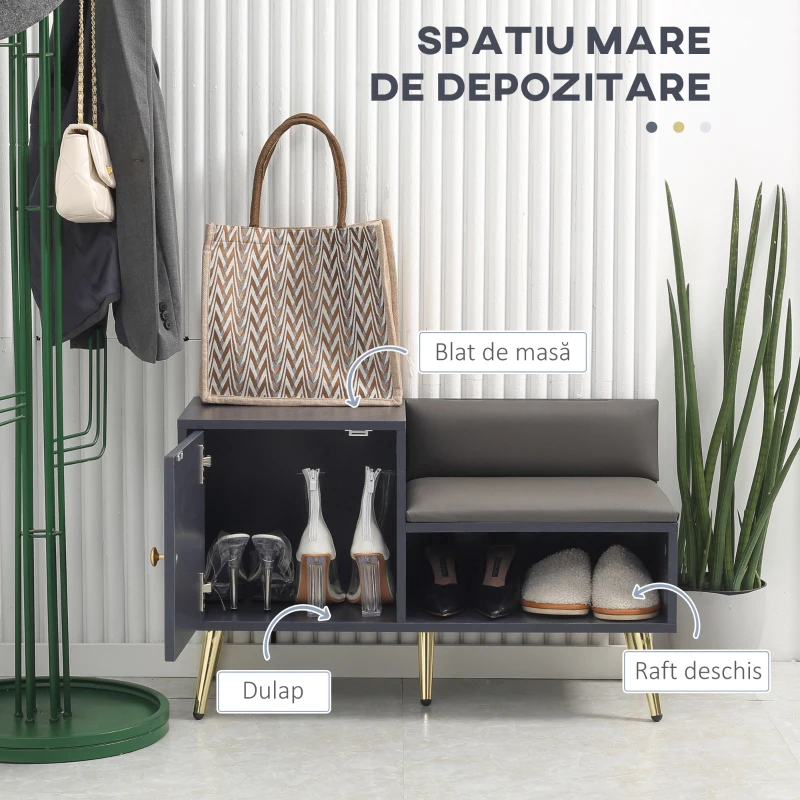 HOMCOM Dulap de pantofi de intrare cu scaun captusit, raft deschis si dulap, pentru 4 perechi de pantofi, lemn si metal, 80x33x49cm, gri