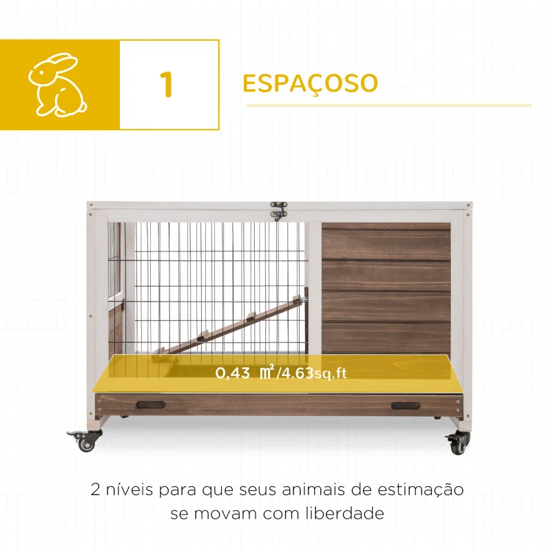 PawHut Coelheira de Madeira Gaiola de para Pequenos Animais Portátil com Teto Abatível Rampa Bandeja Removível 90x53x59cm Marrom