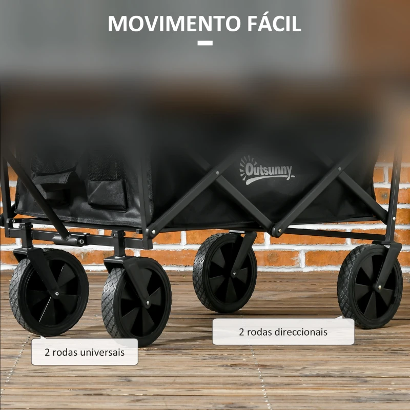 Outsunny Carrinho de Transporte Dobrável com Toldo Removível e Alça Ajustável Capacidade 100 kg para Campismo 97x52x105 cm Preto
