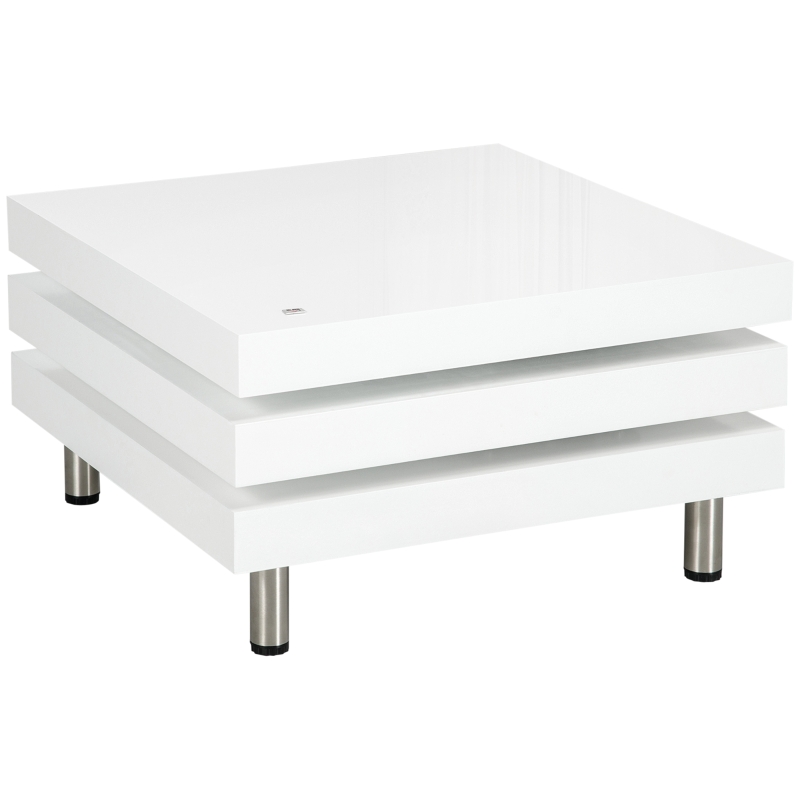 HOMCOM Masuta de Cafea pentru Salon si Camera de Zi, cu 3 Niveluri din MDF cu 2 Blaturi Rotative, 60x60x33.5 cm, Alb Lucios