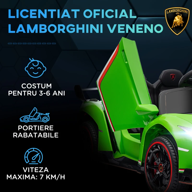 HOMCOM Lamborghini Veneno cu Licenta 12V Masinuta Electrica pentru Copii cu Usi Tip Fluture, Baterie Portabila, Masinuta Alimentata Electric cu Bluetooth, Telecomanda, Muzica, Claxon, Suspensii, pentru 3-6 ani - Verde