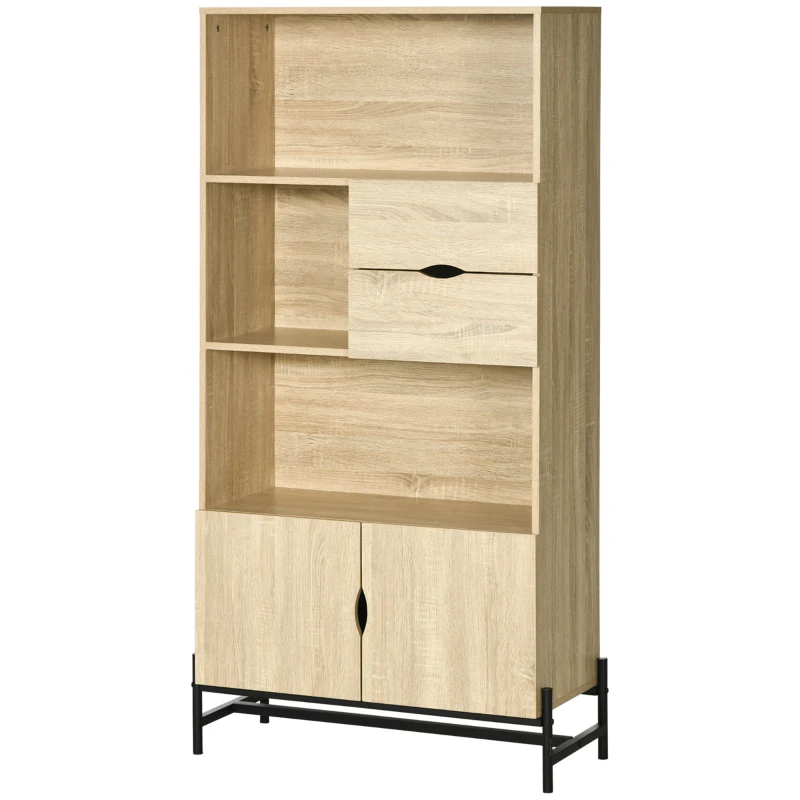 HOMCOM Biblioteca de Perete din MDF si Metal cu 2 Sertare, 2 Dulapioare si 4 Rafturi Deschise, 80x35x155 cm, culoare Lemn natur