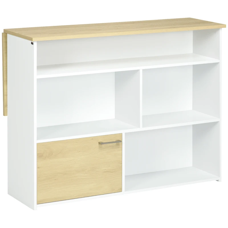 HOMCOM Masa pentru Bar Moderna si Extensibila din MDF pentru 2 Persoane cu 4 Rafturi deschise si Dulapior, 116x79.5x91 cm, Alb si Lemn natur(m-10)