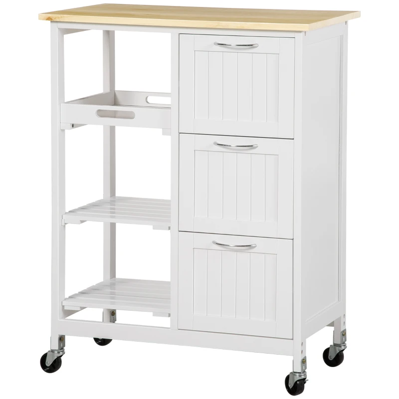HOMCOM Desserte de cuisine à roulettes chariot de service avec plan de travail en bois de pin - 2 étagère, 1 plateau amovible et 3 tiroirs