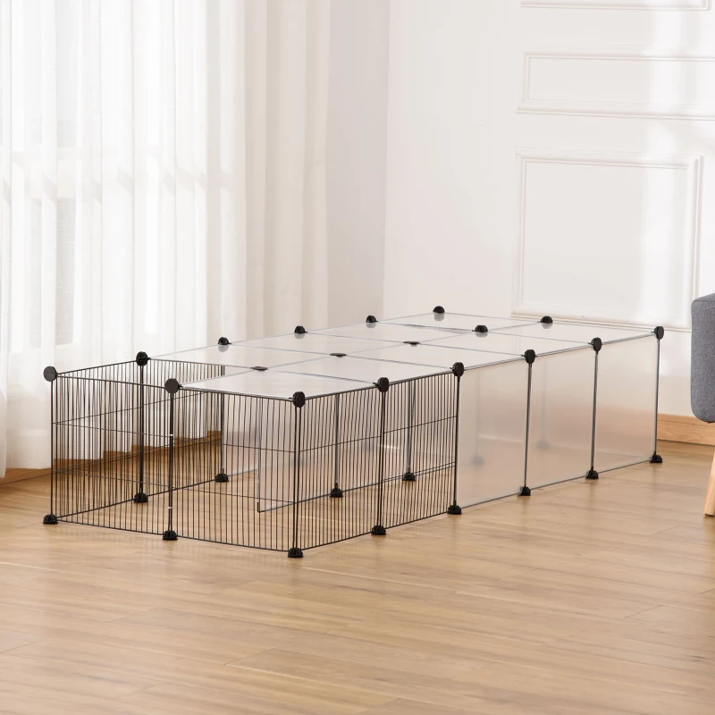 PawHut Recinto para Animais Pequenos com 27 Painéis e Forma Personalizável 140x70x70 cm Transparente e Preto