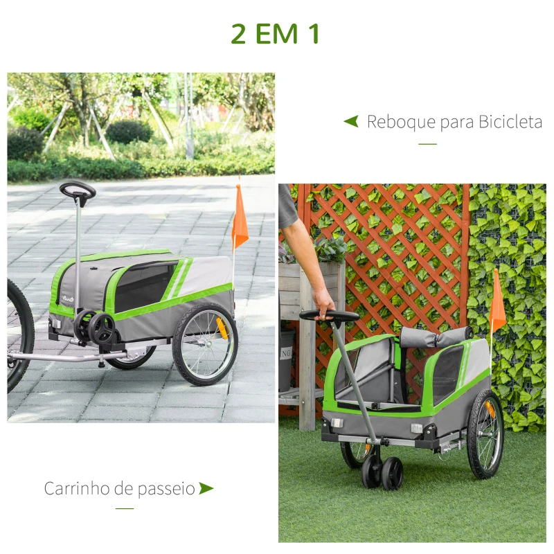 PawHut Reboque de Bicicleta para Cães 2 em 1 Carrinho para Animais de Estimação com Porta Enrolável Cinto de Segurança Bandeira e Refletores 130x64x92cm Verde e Cinza