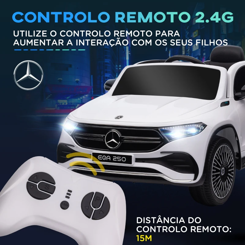 HOMCOM Carro Elétrico para Crianças Mercedes-Benz EQA 12V com Música Buzina Velocidade 3-8 km/h 111,5x69x52,5 cm Branco