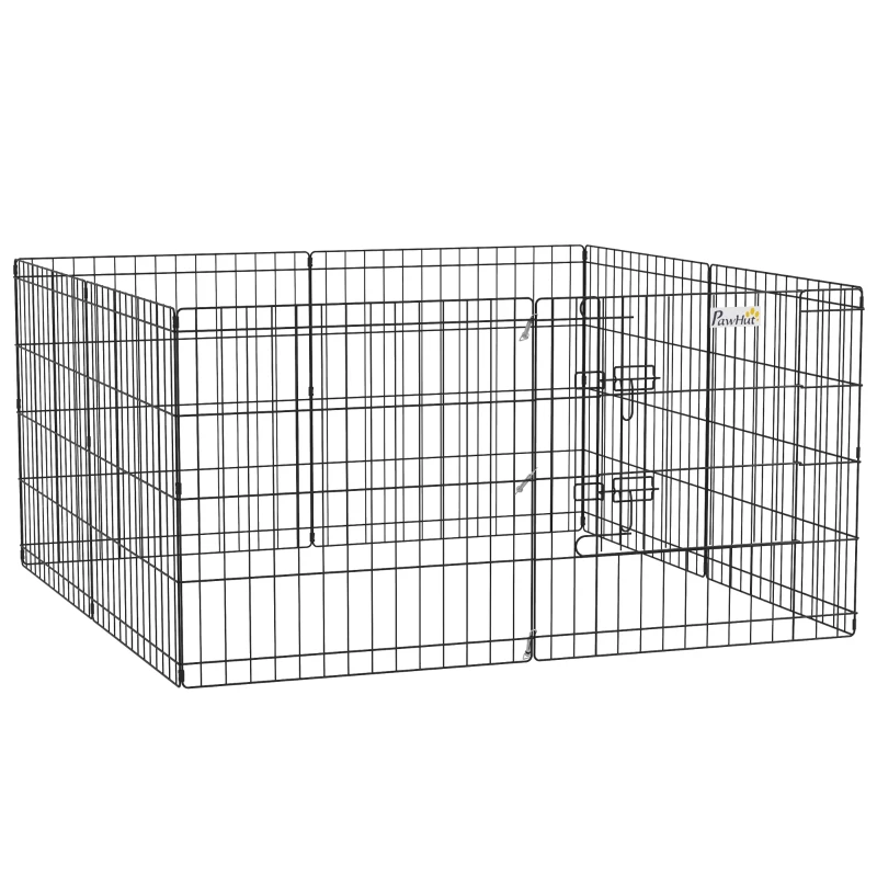 PawHut Parque para Cães 8 Painéis 61x61cm Dobráveis Gaiola Metálica para Animais de Estimação com Porta e Dupla Fechadura Preto