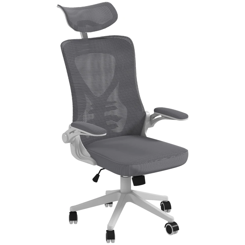 Vinsetto Scaun de Birou cu Inaltime Reglabila cu Tetiera, Suport Lombar si Cotiere Rabatabile, 65x64x120-130 cm, Gri si Negru