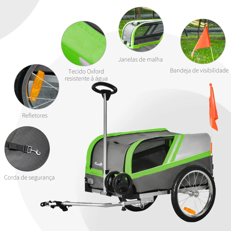 PawHut Reboque de Bicicleta para Cães 2 em 1 Carrinho para Animais de Estimação com Porta Enrolável Cinto de Segurança Bandeira e Refletores 130x64x92cm Verde e Cinza