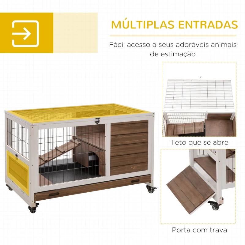 PawHut Coelheira de Madeira Gaiola de para Pequenos Animais Portátil com Teto Abatível Rampa Bandeja Removível 90x53x59cm Marrom