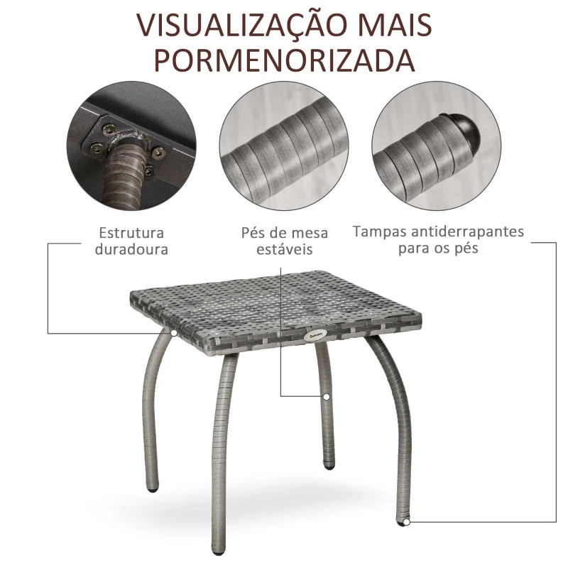 Outsunny Mesa de Jardim de Vime com Pés de Metal Capacidade 30 kg Mesa de Exterior para Pátio Terraço Varanda 45x45x44 cm Cinza