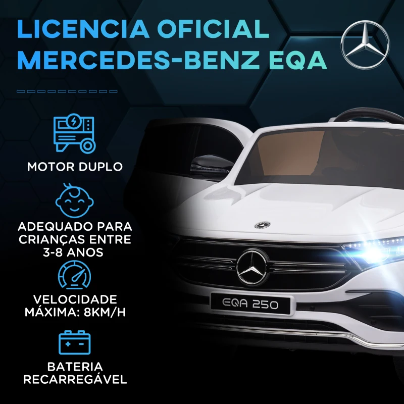 HOMCOM Carro Elétrico para Crianças Mercedes-Benz EQA 12V com Música Buzina Velocidade 3-8 km/h 111,5x69x52,5 cm Branco