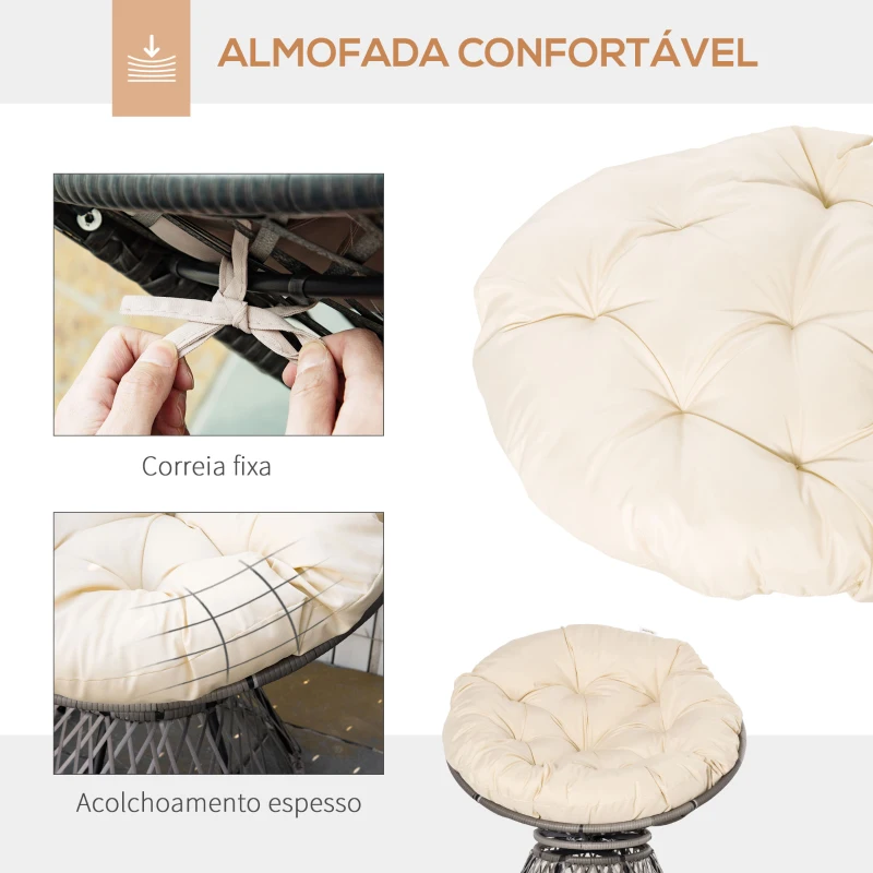 Outsunny Poltrona Papasan Giratória de Vime Sintético com Almofada e Estrutura de Aço para Jardim Pátio 87x97x90 cm Cinza e Creme