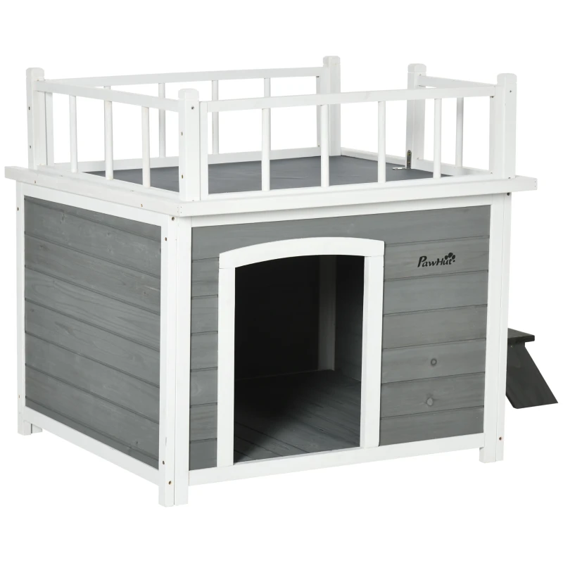 PawHut Cusca de exterior pentru caini cu balcon, scari, Cusca pentru caini rezistenta la intemperii cu picioare inaltate, ferestre, pentru caini de talie mica si medie