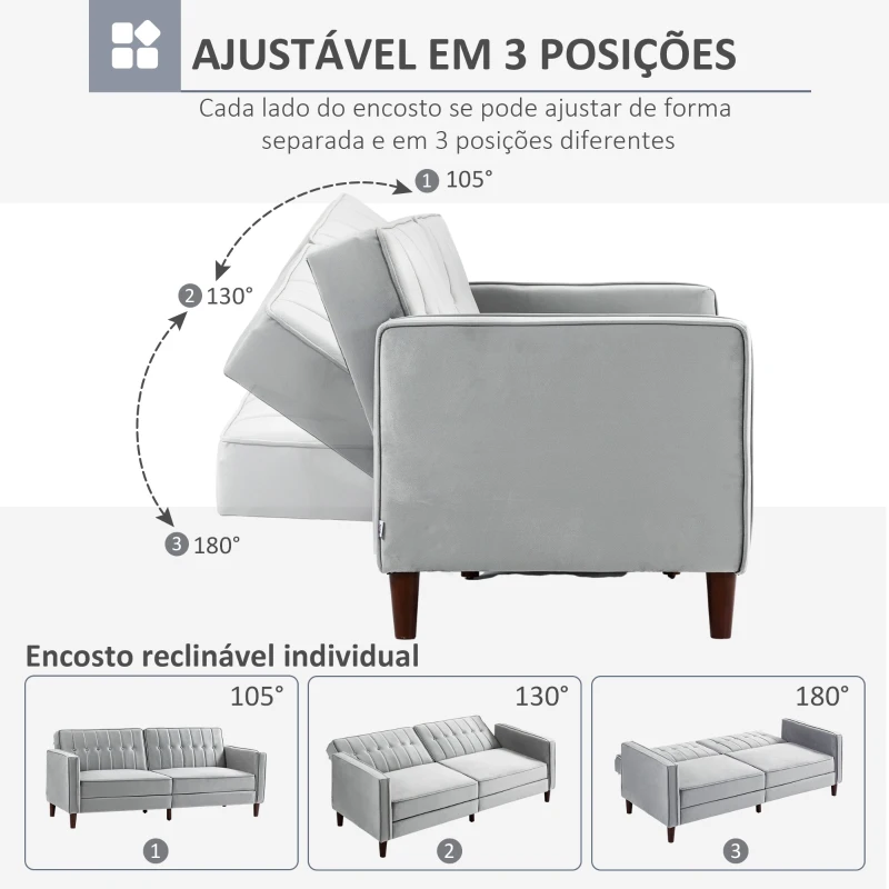 HOMCOM Sofá de 2 Lugares Convertível em Cama de Estofado Aveludado com Encosto Ajustável para Sala 189x80,5x78,5 cm Cinza Claro