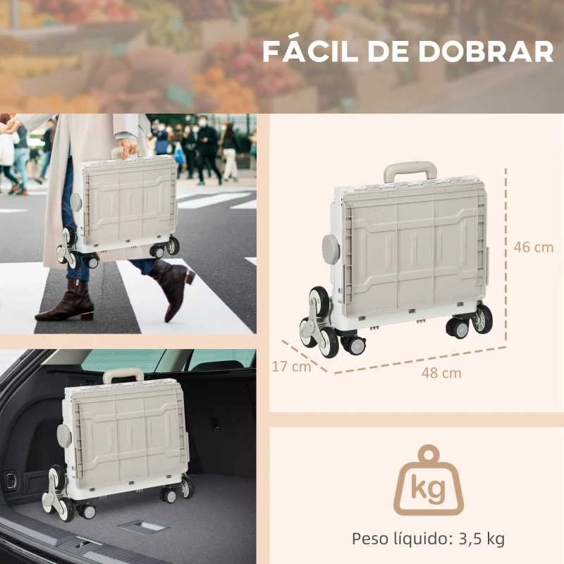 HOMCOM Carrinho de Armazenamento Dobrável Carrinho de Compras com 2 Rodas para Subir Escadas Capacidade 35L 48x43x95 cm Branco