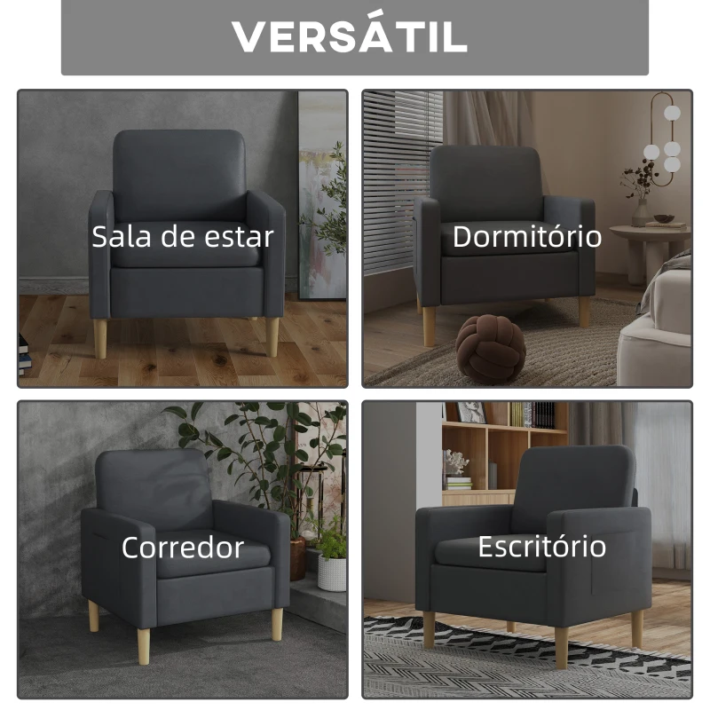HOMCOM Poltrona Sala de Estar Poltrona Relax com 2 Bolsos Laterais Apoio para os Braços Pés de Madeira 73x79x87 cm Cinza