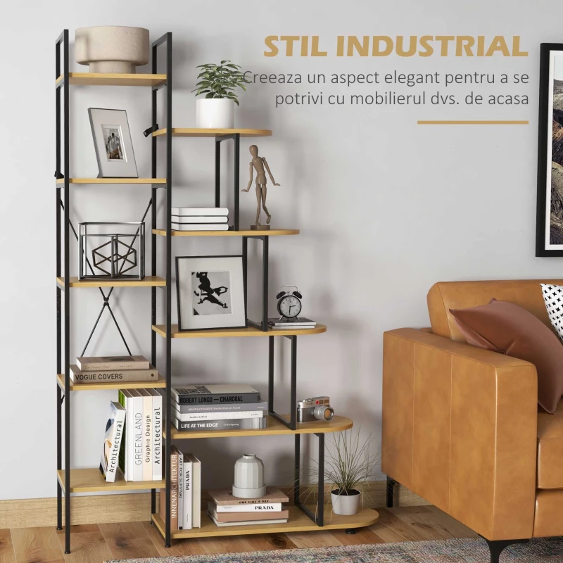 HOMCOM Raft  Biblioteca cu 10 Niveluri, Stil Industrial din PAL si Otel, 111.5x32x170 cm, Negru si Lemn Natur