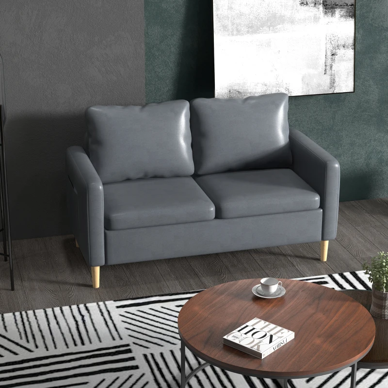 HOMCOM Sofá de 2 Lugares Estofado em Poliéster com 2 Bolsos Laterais Apoio para os Braços e Pés de Madeira 143x76x83 cm Cinza