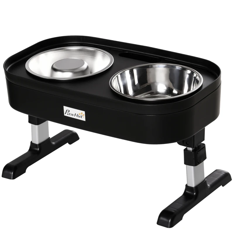 PawHut  Boluri inaltate reglabile pentru caini cu suport, Alimentator inaltat pentru caini de talie mica, medie, mare, cu 2 boluri din otel inoxidabil, Alimentator lent, inaltimi de 11 cm/ 29 cm
