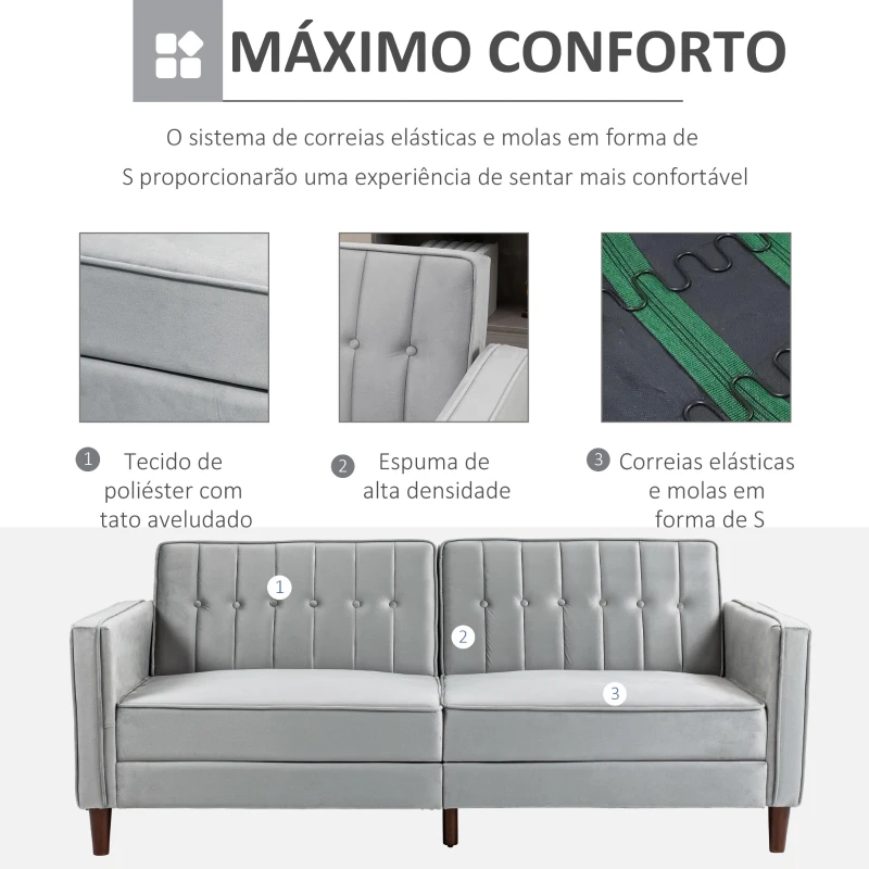 HOMCOM Sofá de 2 Lugares Convertível em Cama de Estofado Aveludado com Encosto Ajustável para Sala 189x80,5x78,5 cm Cinza Claro