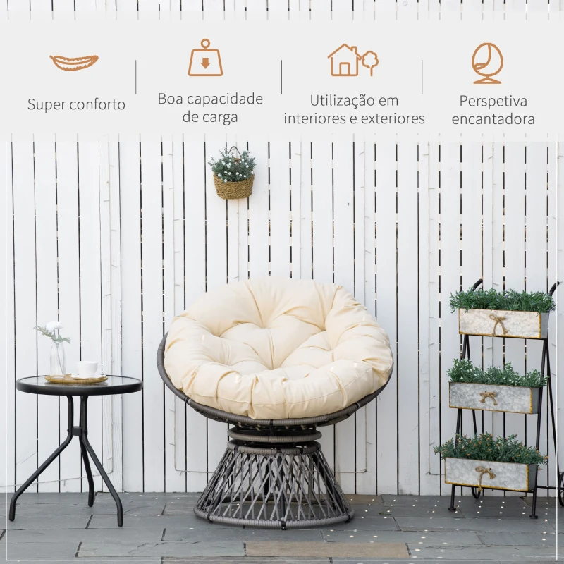 Outsunny Poltrona Papasan Giratória de Vime Sintético com Almofada e Estrutura de Aço para Jardim Pátio 87x97x90 cm Cinza e Creme