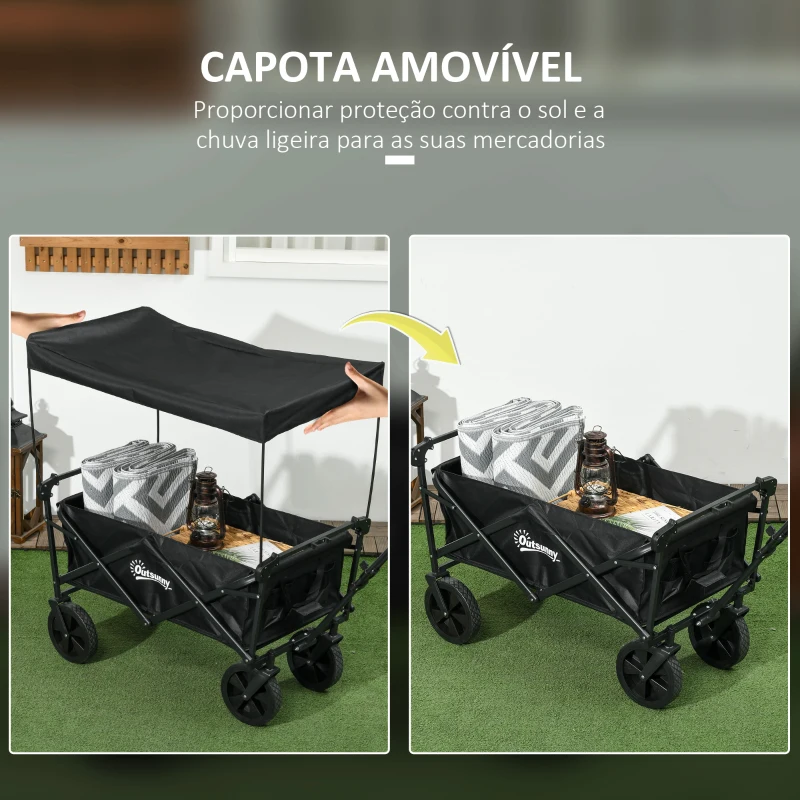 Outsunny Carrinho de Transporte Dobrável com Toldo Removível e Alça Ajustável Capacidade 100 kg para Campismo 97x52x105 cm Preto
