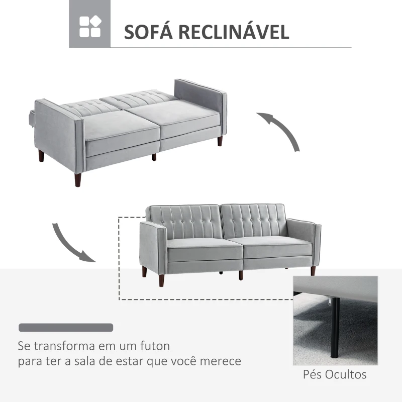 HOMCOM Sofá de 2 Lugares Convertível em Cama de Estofado Aveludado com Encosto Ajustável para Sala 189x80,5x78,5 cm Cinza Claro