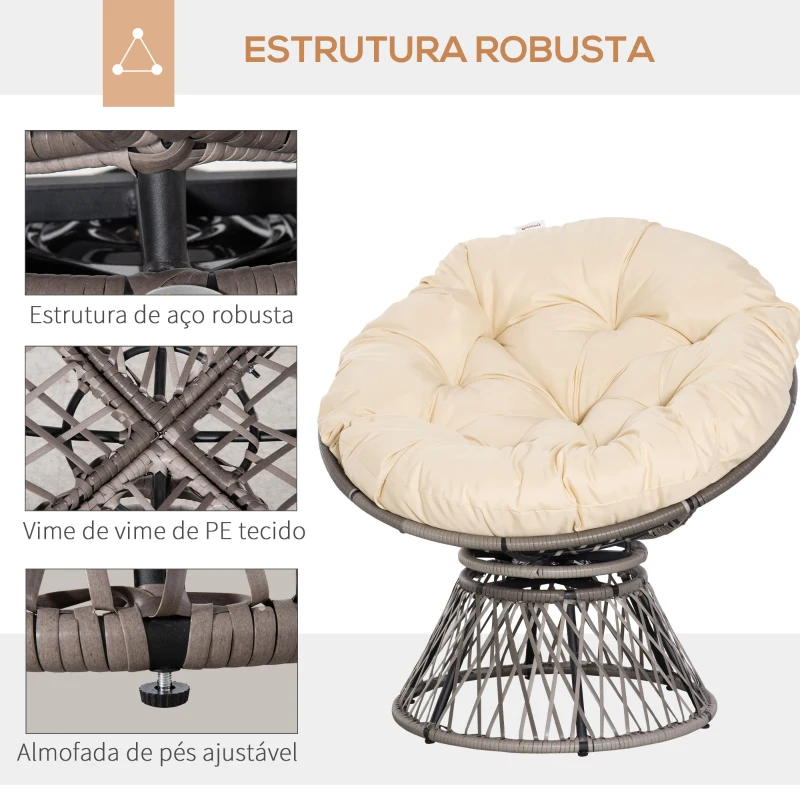 Outsunny Poltrona Papasan Giratória de Vime Sintético com Almofada e Estrutura de Aço para Jardim Pátio 87x97x90 cm Cinza e Creme