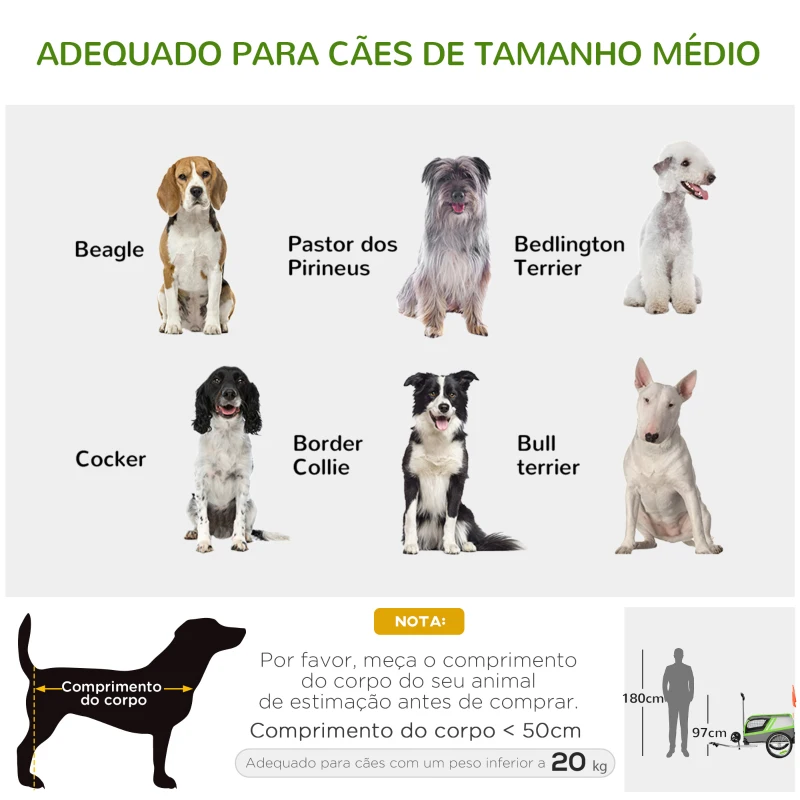 PawHut Reboque de Bicicleta para Cães 2 em 1 Carrinho para Animais de Estimação com Porta Enrolável Cinto de Segurança Bandeira e Refletores 130x64x92cm Verde e Cinza