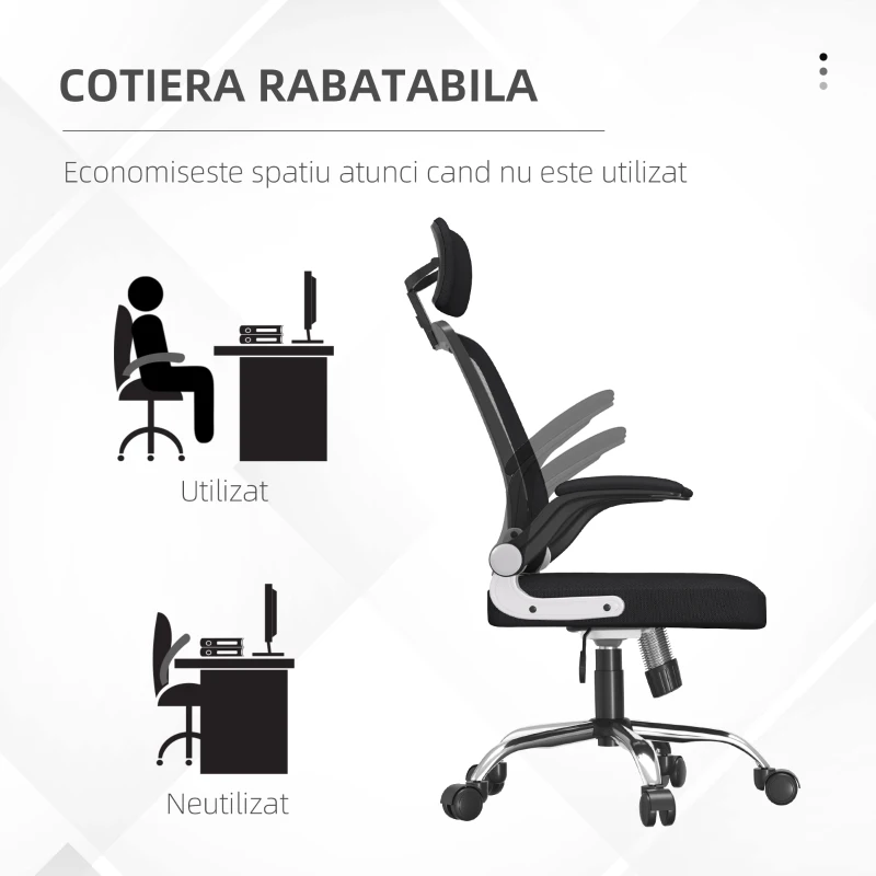 Vinsetto Scaun pentru Birou din Plasa cu Spatar Inalt, Scaun de Birou pentru Computer cu Suport Lombar, Cotiere Rabatabile, Tetiera si Inaltime Reglabila, Negru