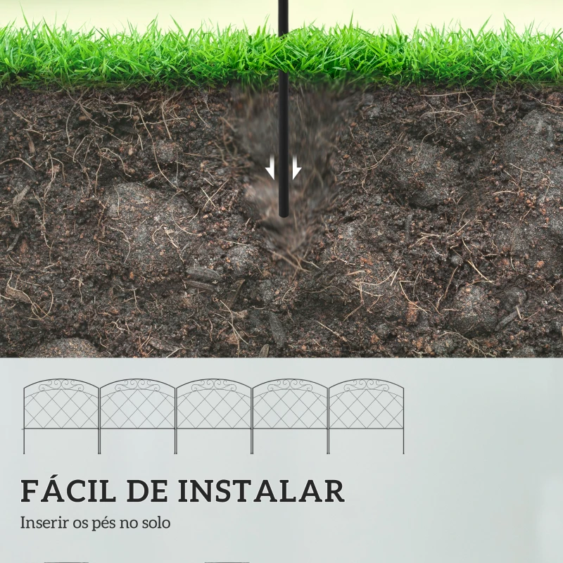 Outsunny Cercas de Jardim 305x61 cm Conjunto de 5 Cercas Decorativas para Jardim de Metal Barreira para Animais para Pátio Preto
