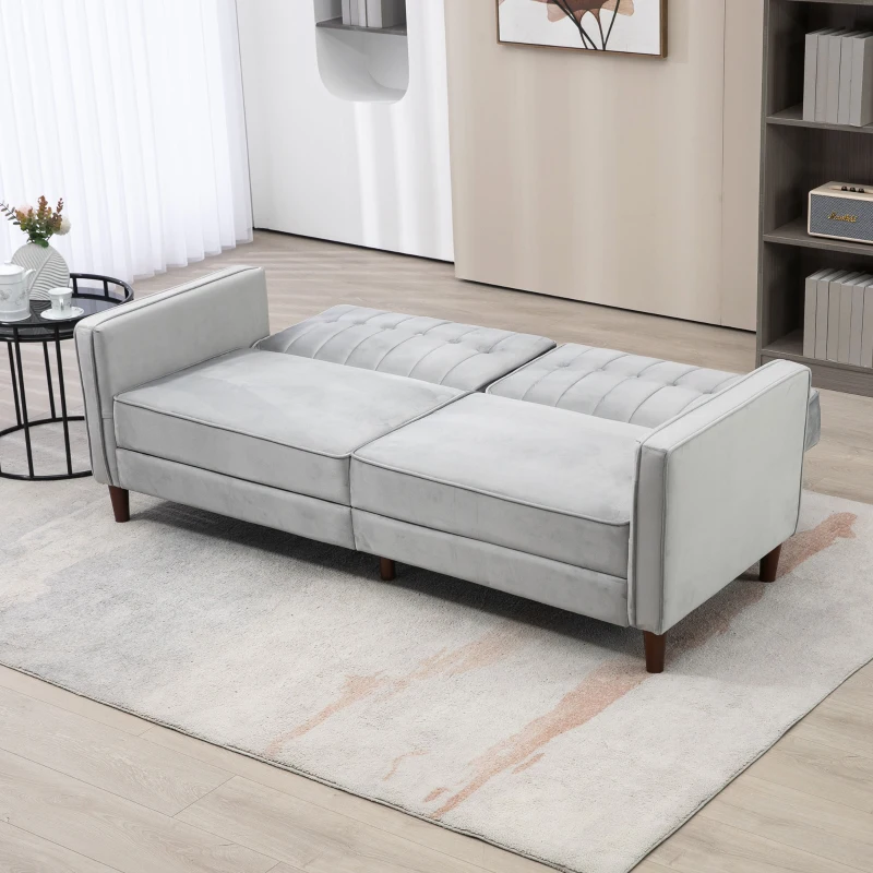 HOMCOM Sofá de 2 Lugares Convertível em Cama de Estofado Aveludado com Encosto Ajustável para Sala 189x80,5x78,5 cm Cinza Claro