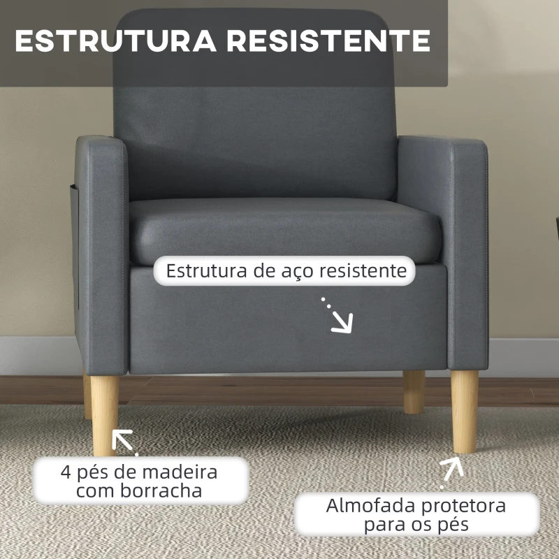 HOMCOM Poltrona Sala de Estar Poltrona Relax com 2 Bolsos Laterais Apoio para os Braços Pés de Madeira 73x79x87 cm Cinza