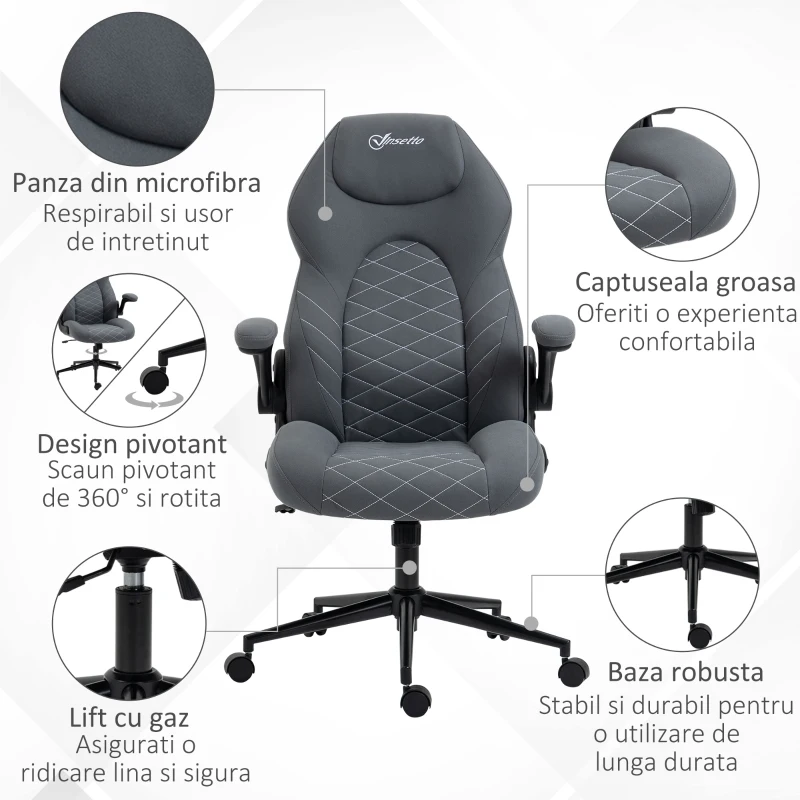 Vinsetto Scaun de Birou Ergonomic cu Înălțime Reglabilă și Cotiere Rabatabile, Scaun Înclinabil cu 5 Roți, 65,5x69,5x112-122 cm, Gri