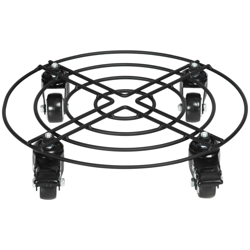 Outsunny Cărucior Suport Ghiveci cu Roți Ø30cm din Metal cu Roți Pivotante și Frână, Negru