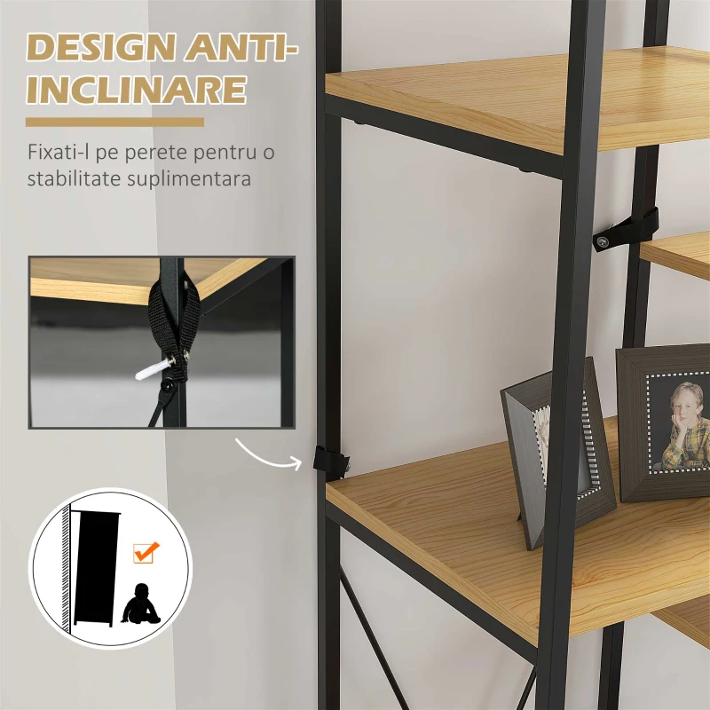 HOMCOM Raft  Biblioteca cu 10 Niveluri, Stil Industrial din PAL si Otel, 111.5x32x170 cm, Negru si Lemn Natur